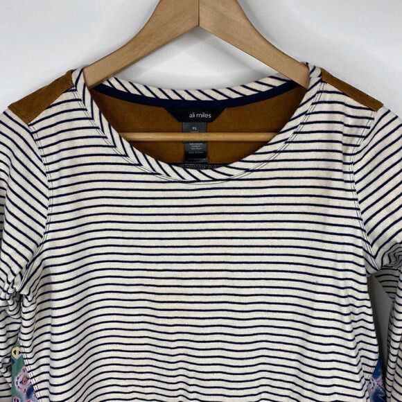 Ali Miles Top Size Small Petite Womens Navy White Stripe Suede Elbow Patch - Picture 2 of 7